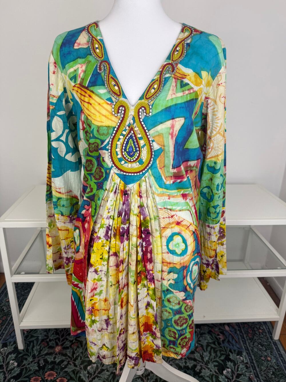 NWT Chaudry KC Womens Beaded Tunic Multi Boho Abstract V-Neck Green Dress Small